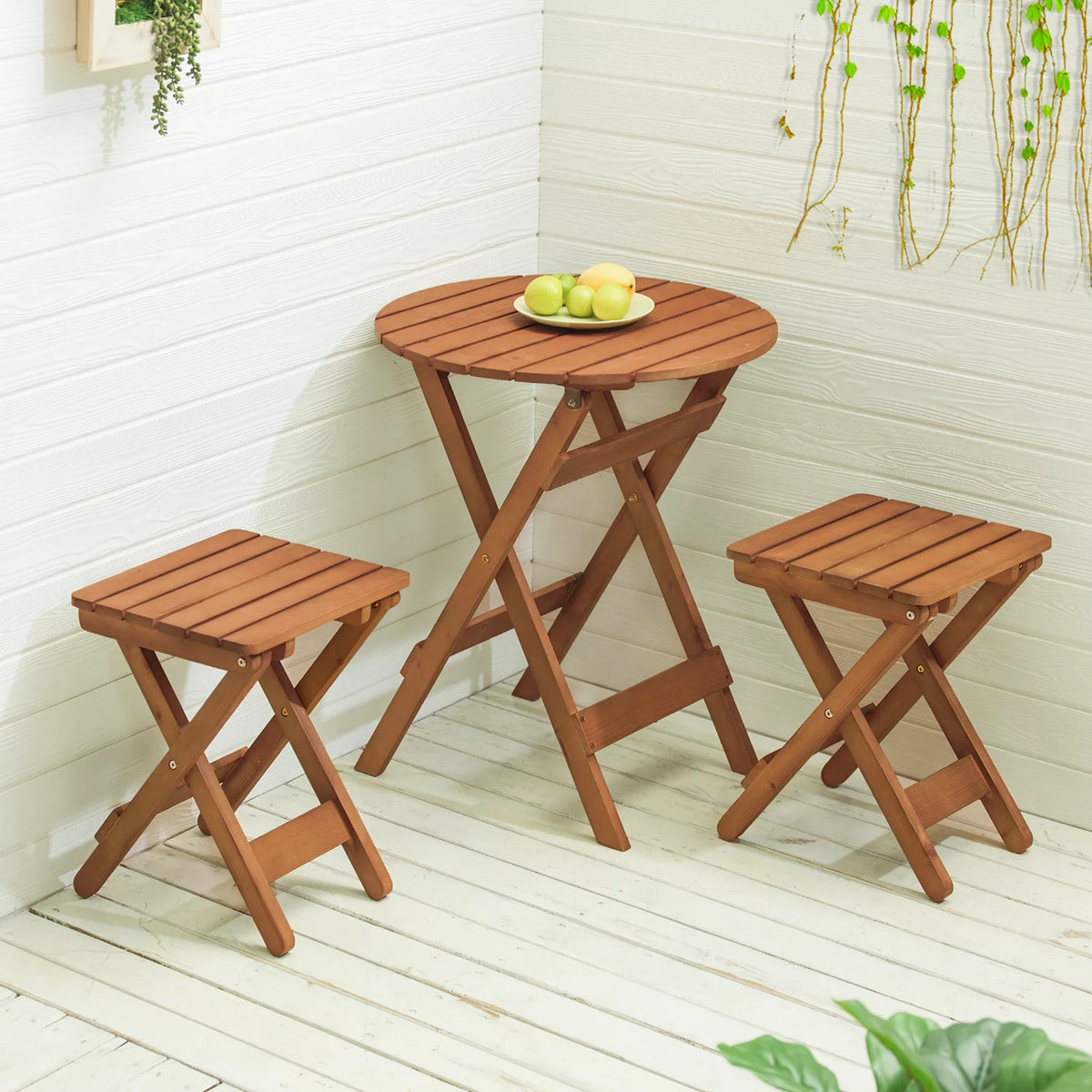 Wood 3 Pieces Foldable Patio Coffee Table and Stools Set W5579