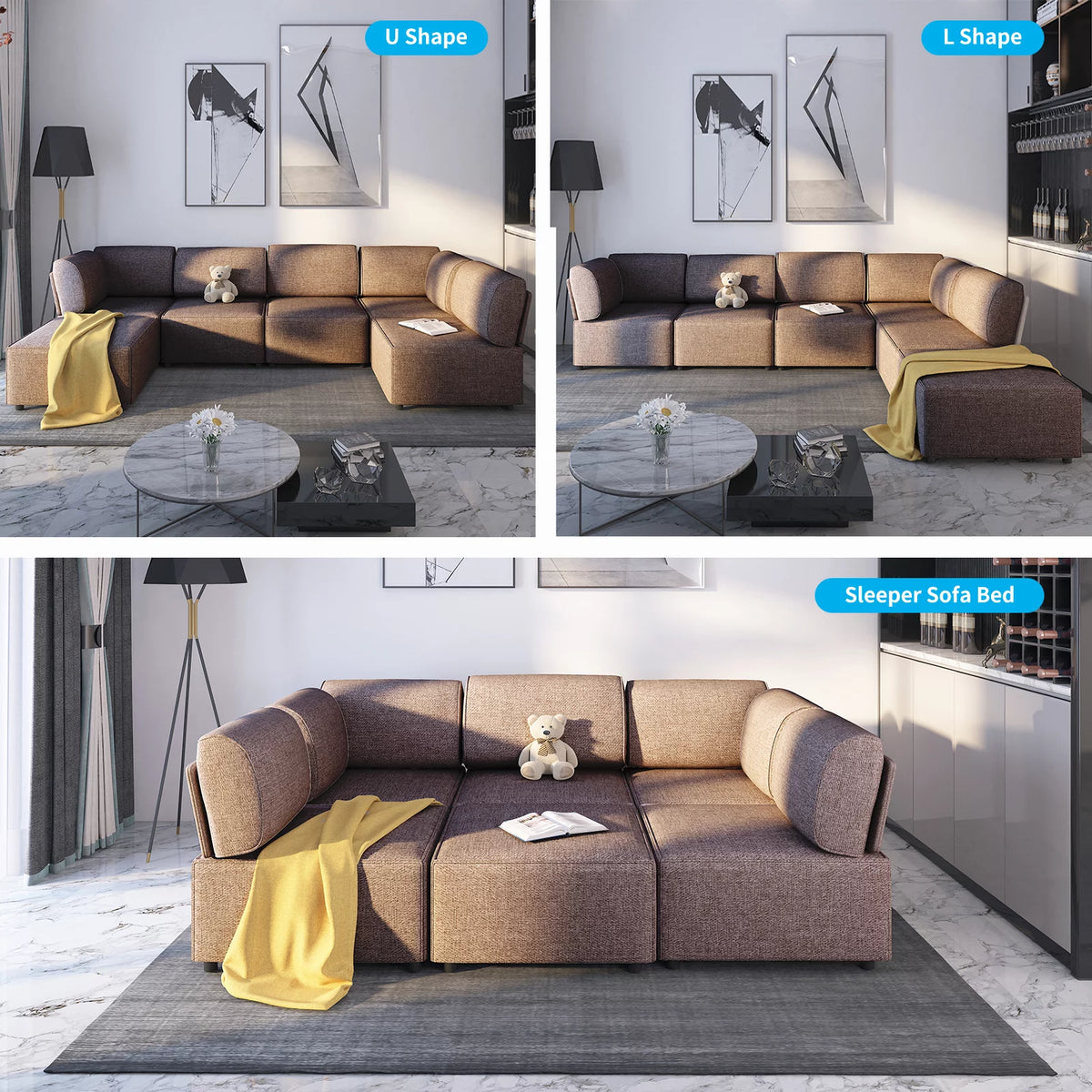 120"W Brown Linen Fabric Sectional Sofa B195951