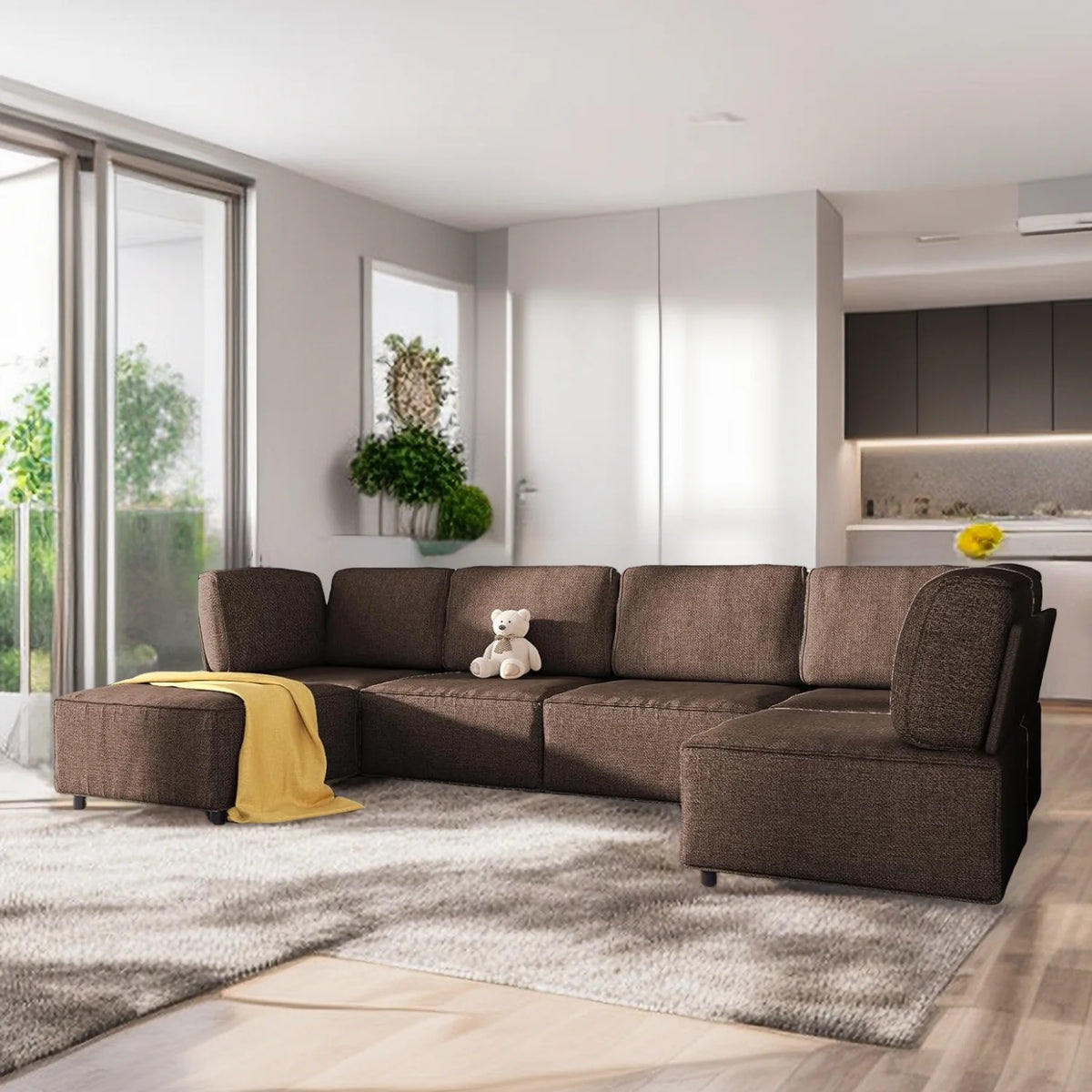120"W Brown Linen Fabric Sectional Sofa B195951