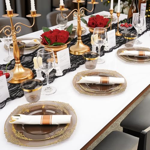 Black and Gold Plastic Plates Disposable Dinnerware Set H381