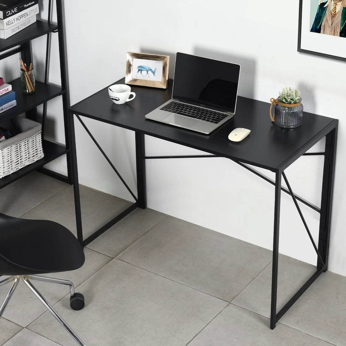 39.4-inch Black Folding Desk with Metal Frame and Wood Top F177918