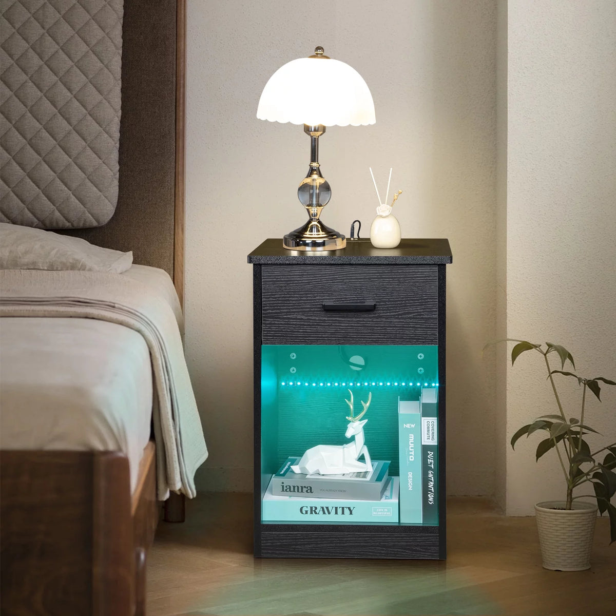 Black Wooden Nightstand with Drawer G4986