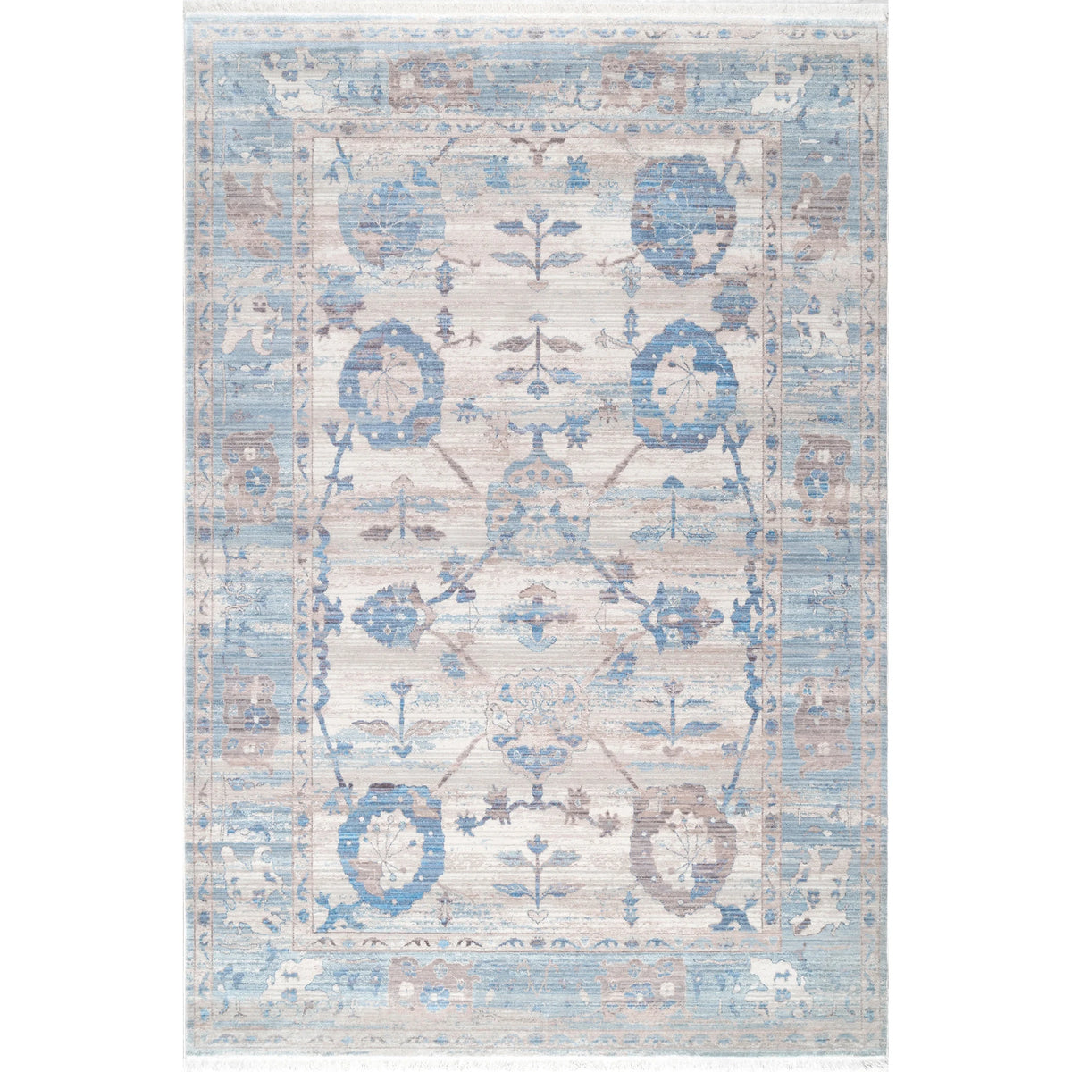 Light Blue Floral Fringe Runner Rug L26623