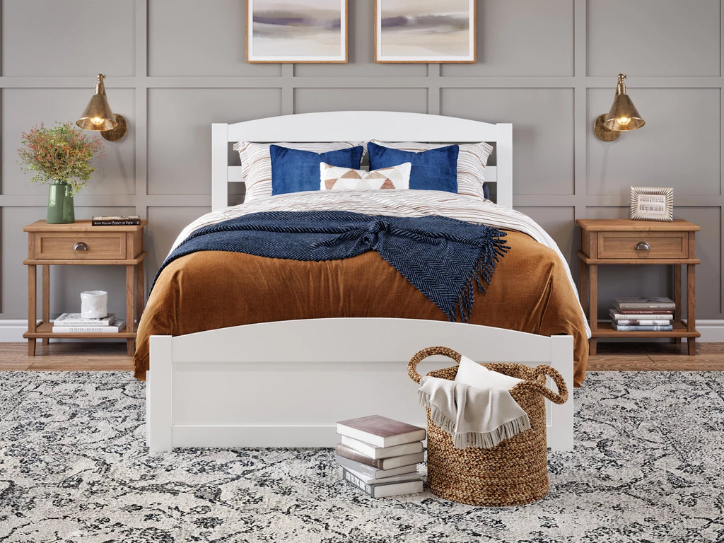White Full Wood Platform Bed with Headboard Footboard & Twin Trundle M2062