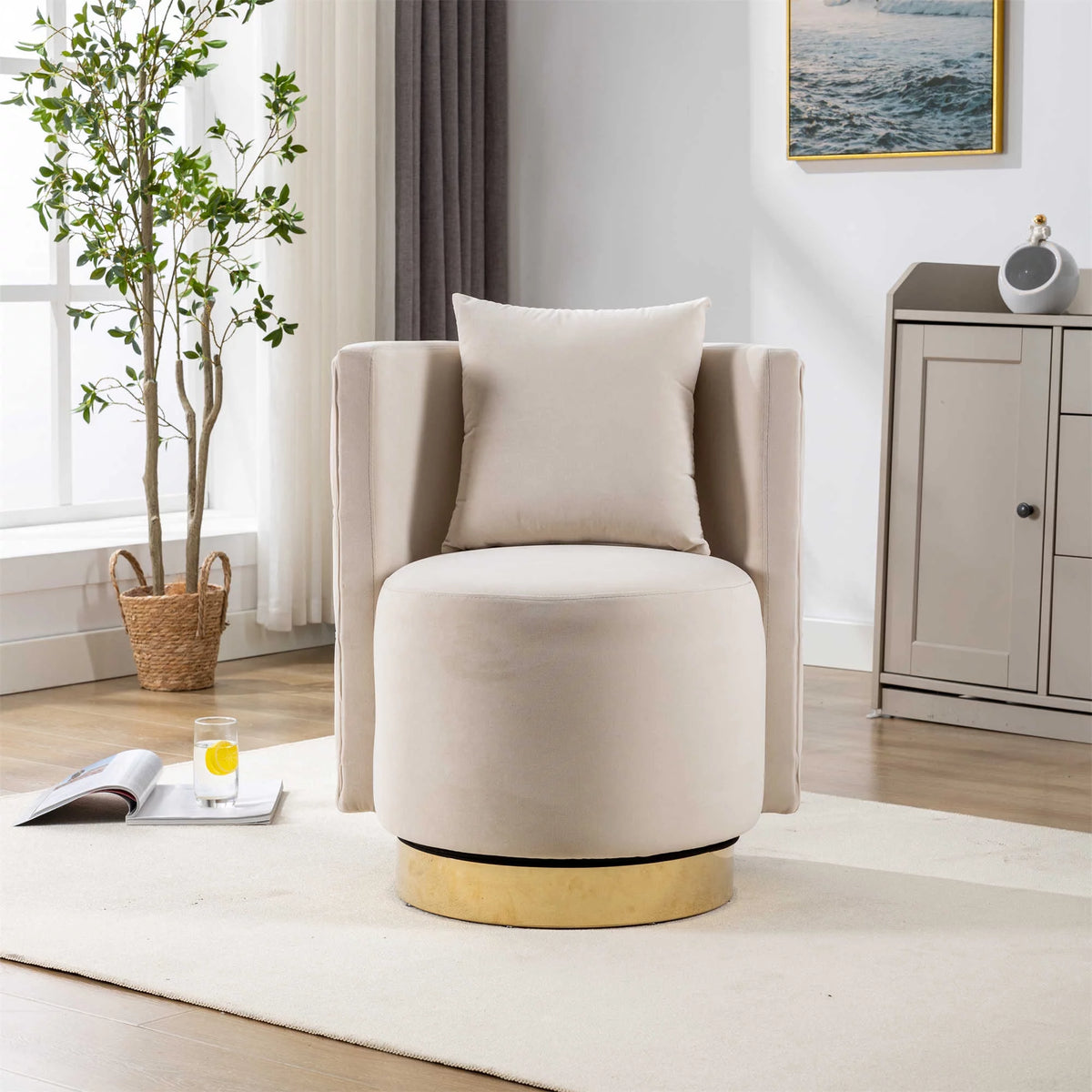 Beige Velvet Swivel Barrel Accent Chair X930749