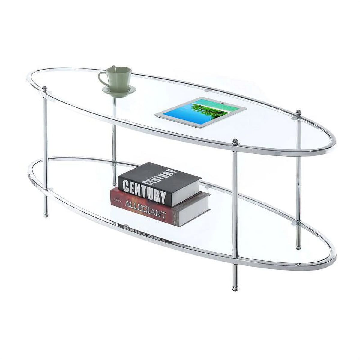 Oval Clear Glass and Chrome Metal Coffee Table K166357