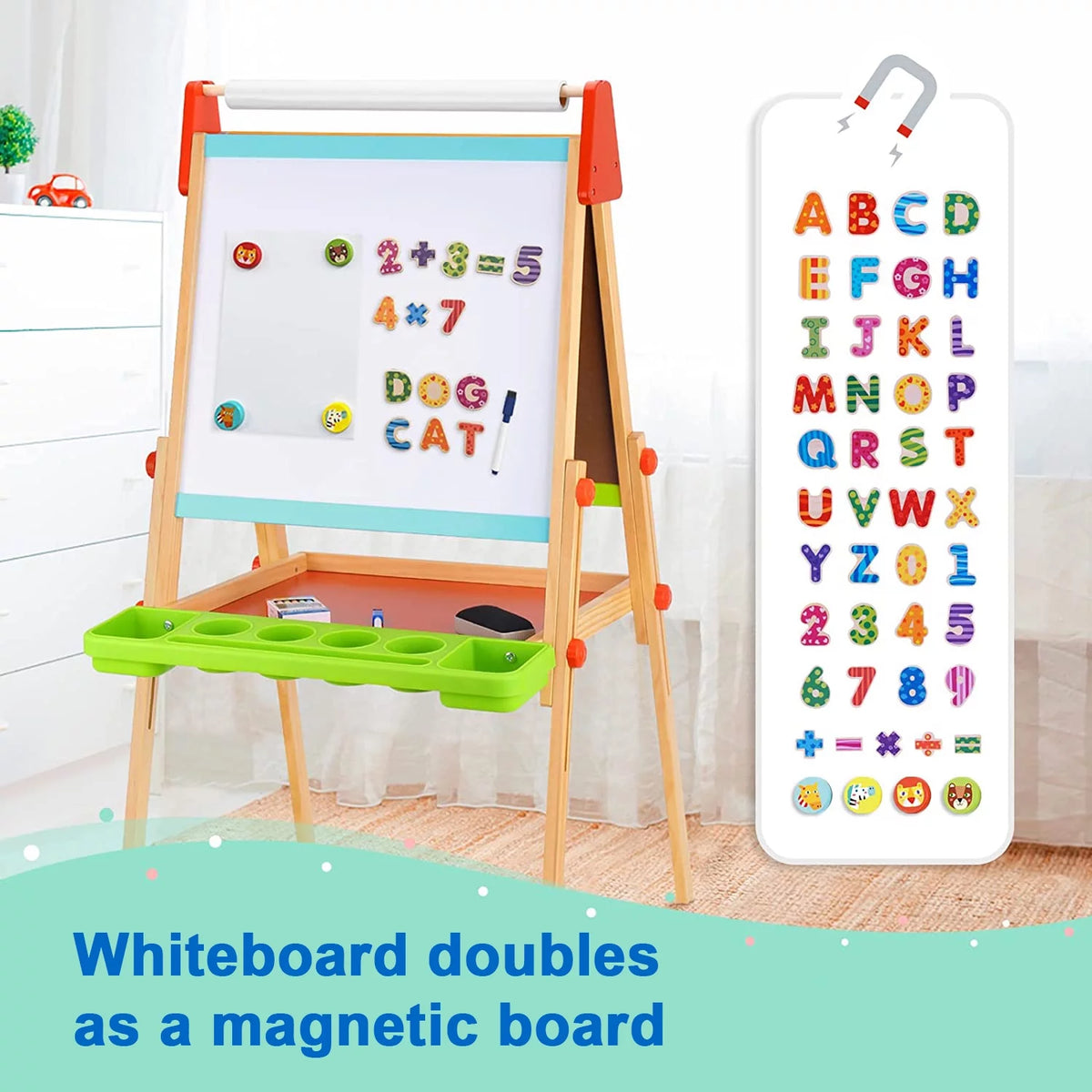 Wooden Easel with Magnetic Whiteboard, Chalkboard, Paper Roll P127214