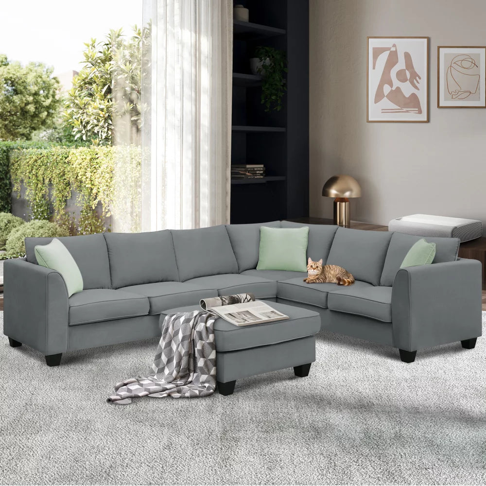 Grey 7 Seats L Shape Sectional Sofa with Ottoman L847687
