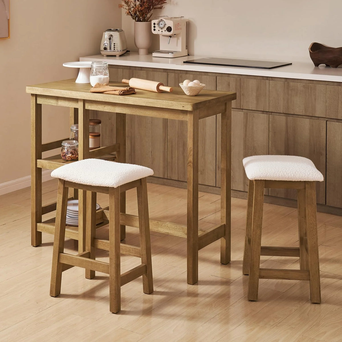 Solid Wood 3-Piece Counter Table Set with 2 Boucle Stools V651