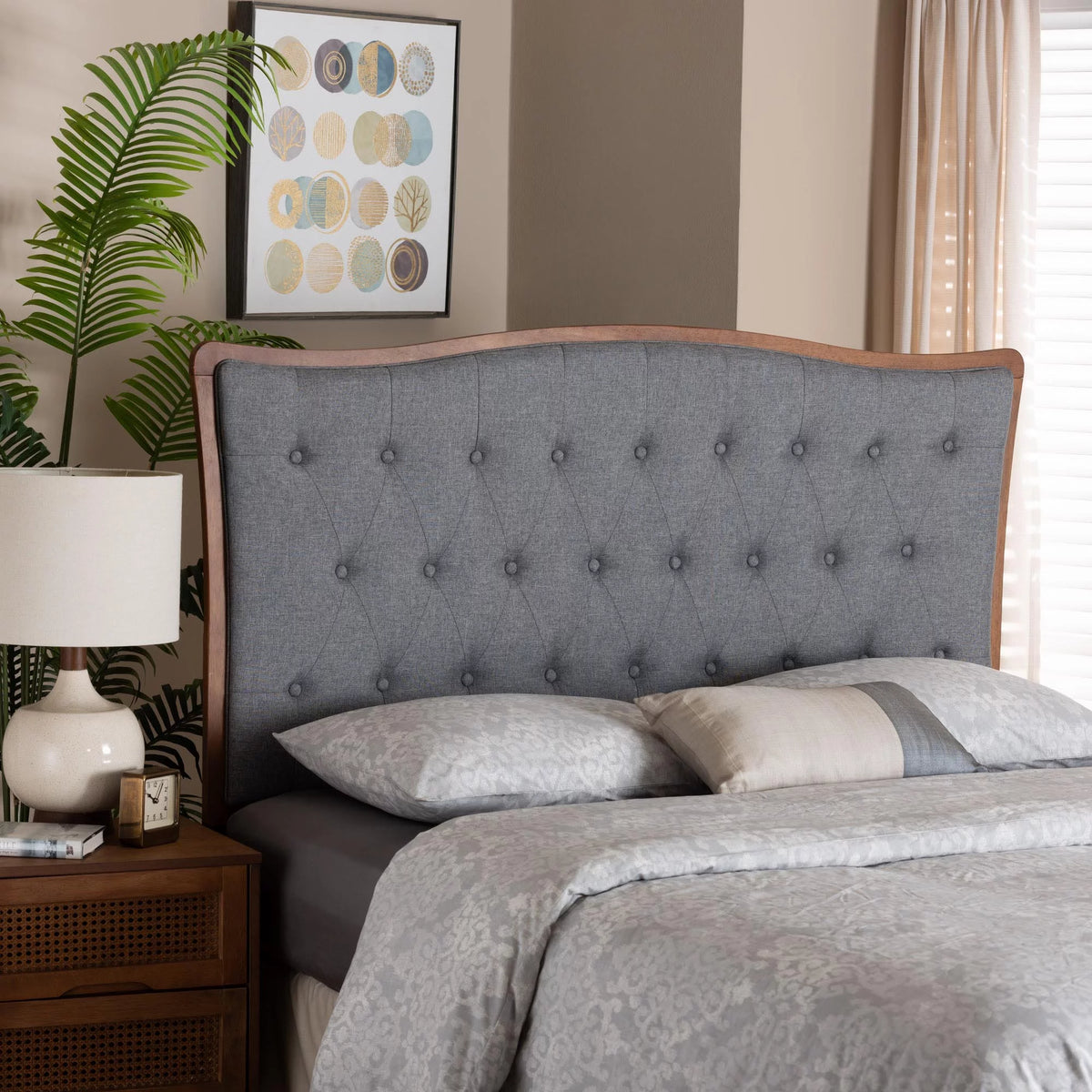 Grey Fabric and Walnut Brown Wood King Size Headboard Z19088
