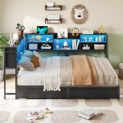 Black Twin Size Metal Bed Frame with Bookcase Storage and 2 Drawers W51031
