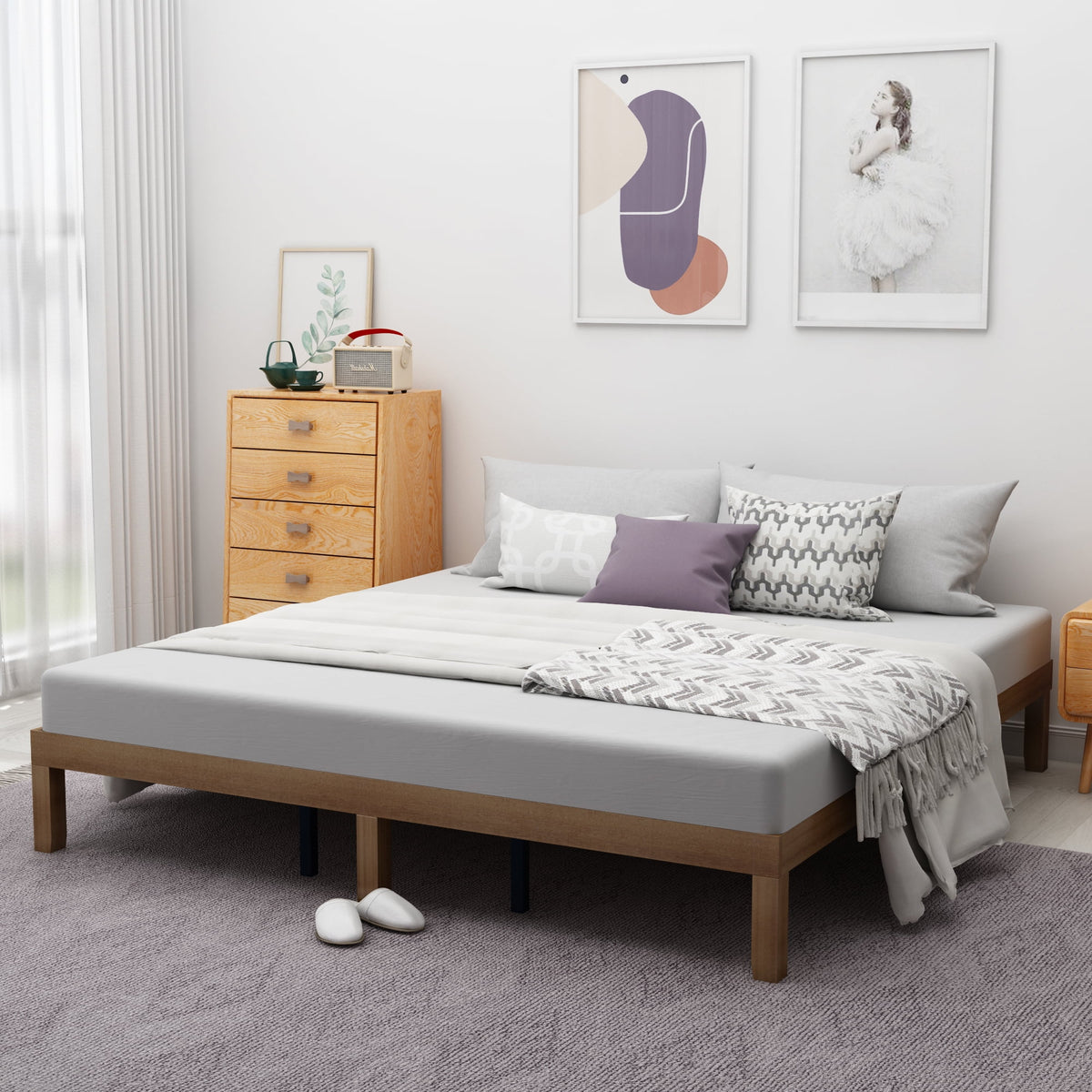 King Size Brown Wooden Platform Bed Frame with Wood Slat Support N354308