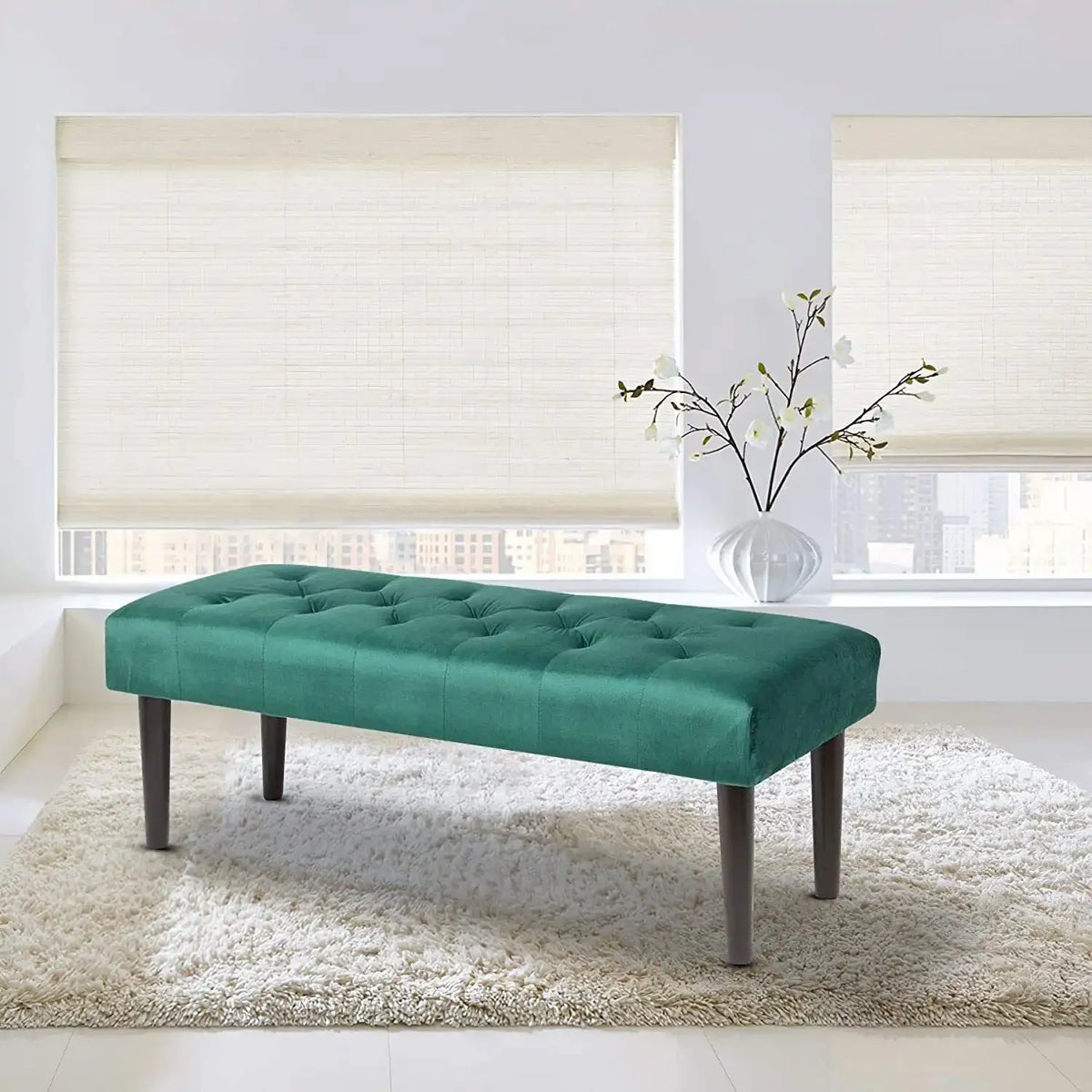 Green Velvet Upholstered Bench with Wooden Legs F482379