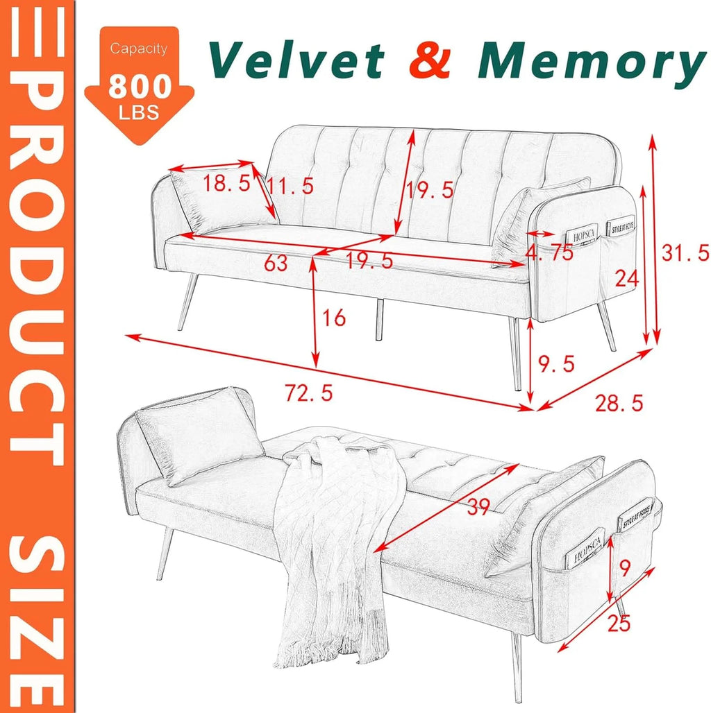 72.5" Velvet Convertible Futon Couch Bed with Storage Side Pockets O391184