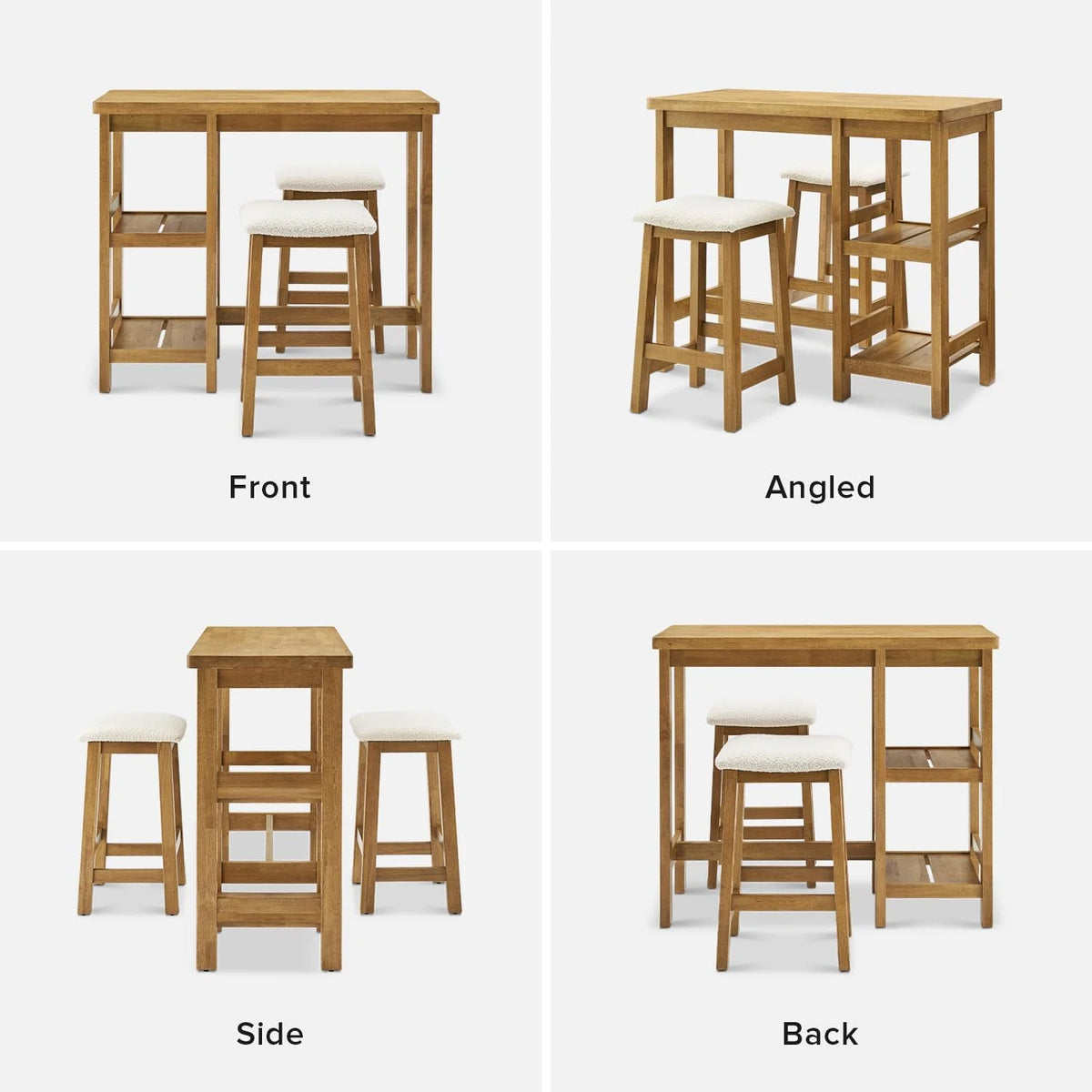 Solid Wood 3-Piece Counter Table Set with 2 Boucle Stools V651