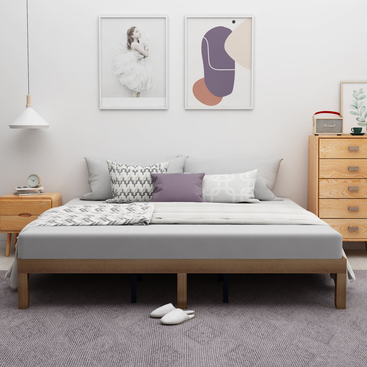 King Size Brown Wooden Platform Bed Frame with Wood Slat Support N354308