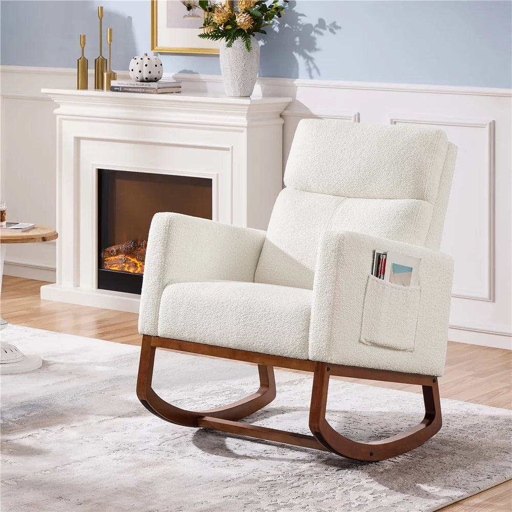 Ivory Boucle Upholstered Rocking Chair with Rubberwood Legs O242
