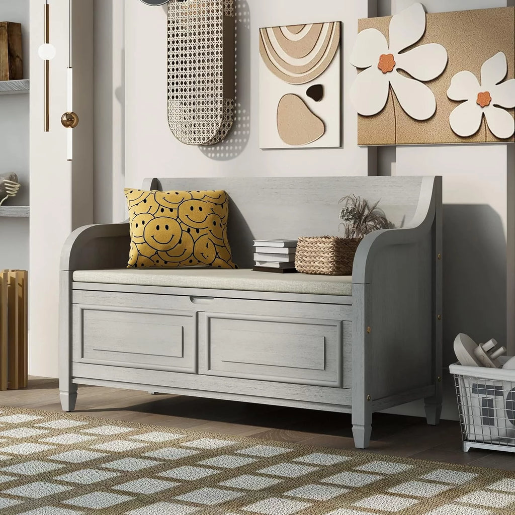 Rustic Wooden Storage Bench with Upholstered Seat Cushion C16720