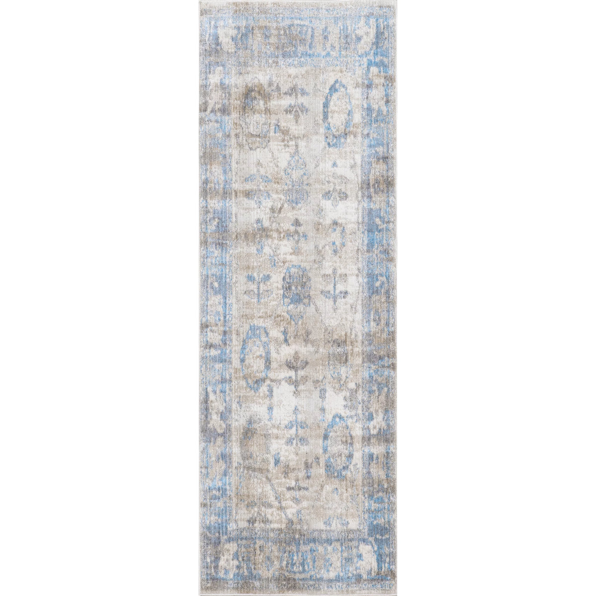 Light Blue Floral Fringe Runner Rug L26623