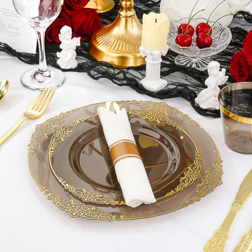 Black and Gold Plastic Plates Disposable Dinnerware Set H381