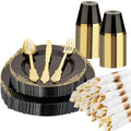 Black and Gold Plastic Plates Disposable Dinnerware Set H381