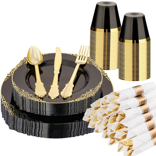 Black and Gold Plastic Plates Disposable Dinnerware Set H381
