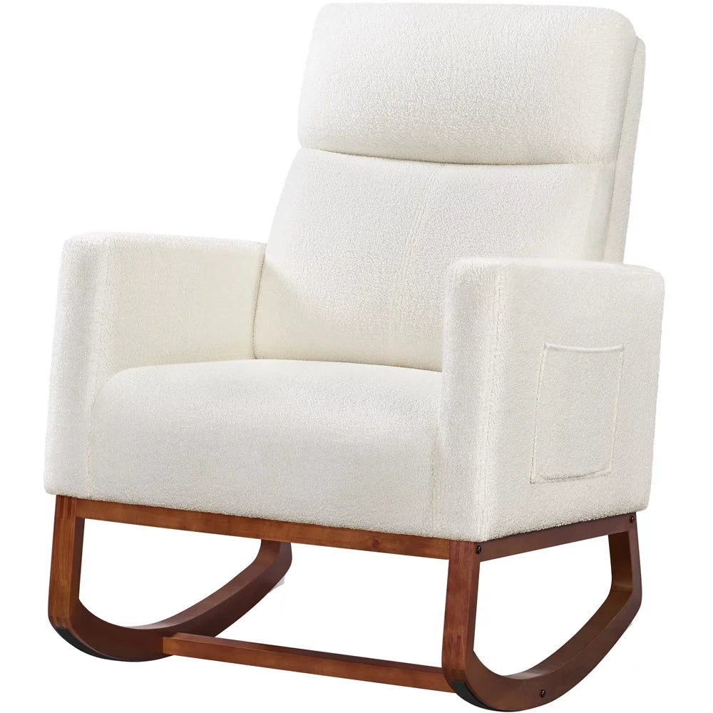 Ivory Boucle Upholstered Rocking Chair with Rubberwood Legs O242