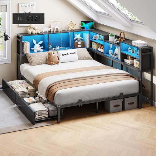 Black Twin Size Metal Bed Frame with Bookcase Storage and 2 Drawers W51031
