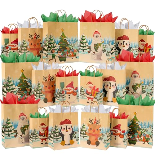 18 Pack Christmas Kraft Gift Bags with Tissue Papers B76414