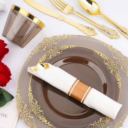 Black and Gold Plastic Plates Disposable Dinnerware Set H381