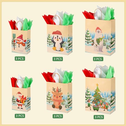 18 Pack Christmas Kraft Gift Bags with Tissue Papers B76414