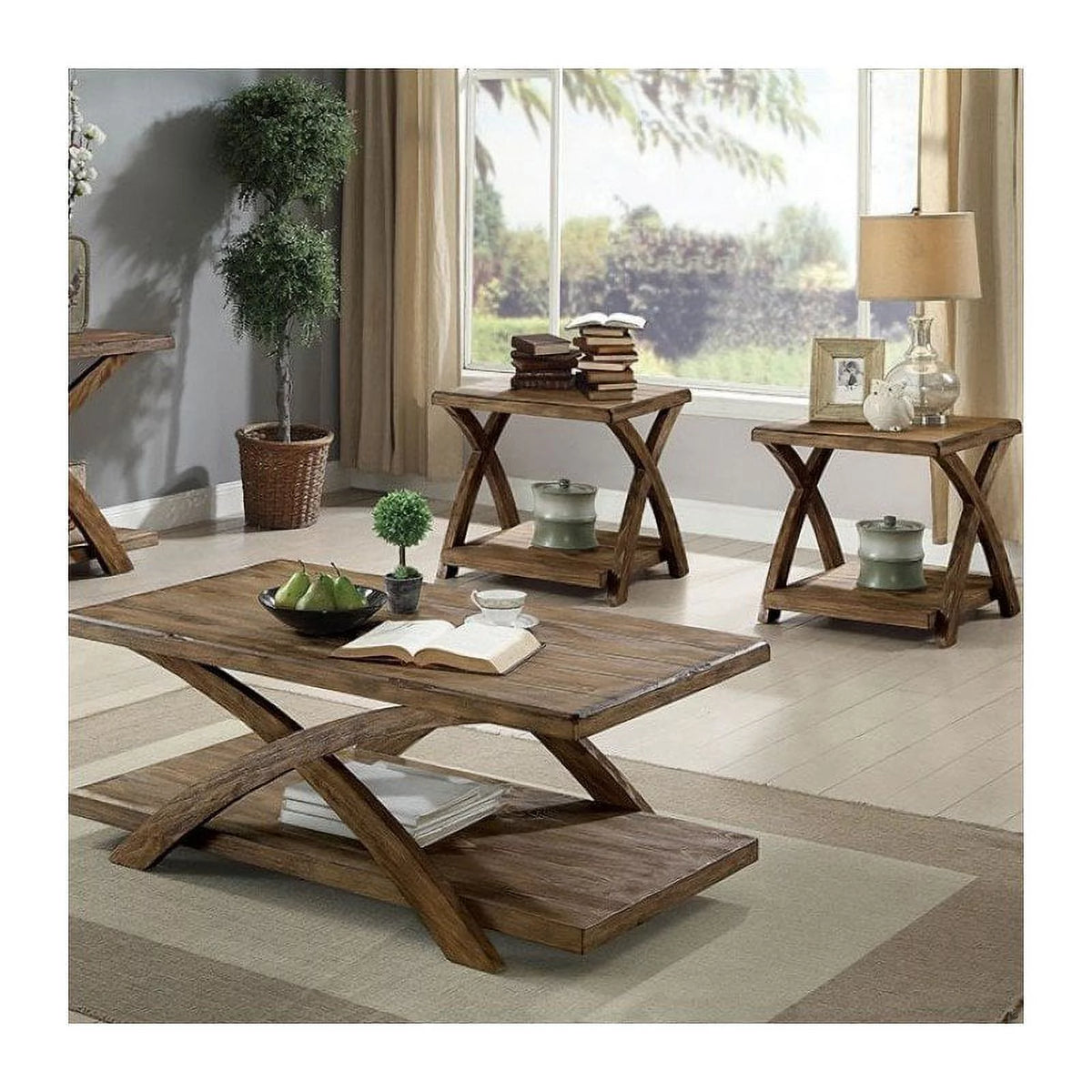 Rustic Wood 3-Piece Coffee Table Set in Oak Q4266